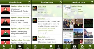 Paparan aplikasi Android Denaihati - YouTube, Twitter dan Instagram