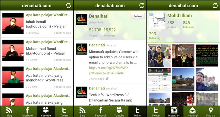Paparan aplikasi Android Denaihati - YouTube, Twitter dan Instagram