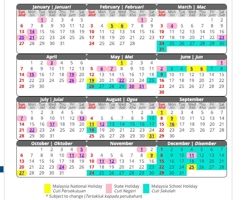 Kalendar dan Cuti Umum Malaysia 2019