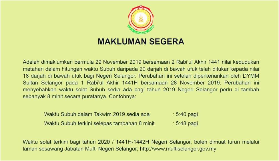 Perubahan 8 Minit Waktu Solat Subuh Negeri Selangor Kuala Lumpur Labuan Dan Putrajaya 29 Nov Hingga 31 Disember 2019 Denaihati Blog Tips Kehidupan
