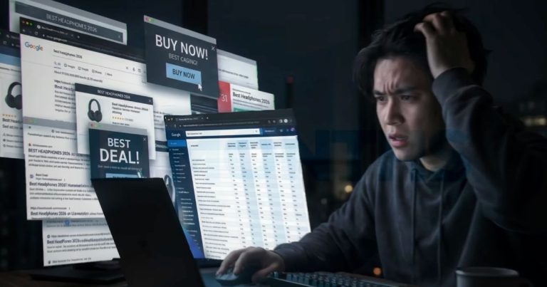 Young man at a laptop with floating browser windows and ad banners around him, looking stressed at night.