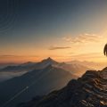 Hiker standing on a rocky mountain peak at sunset, overlooking a valley and distant ranges with the sun on the horizon.