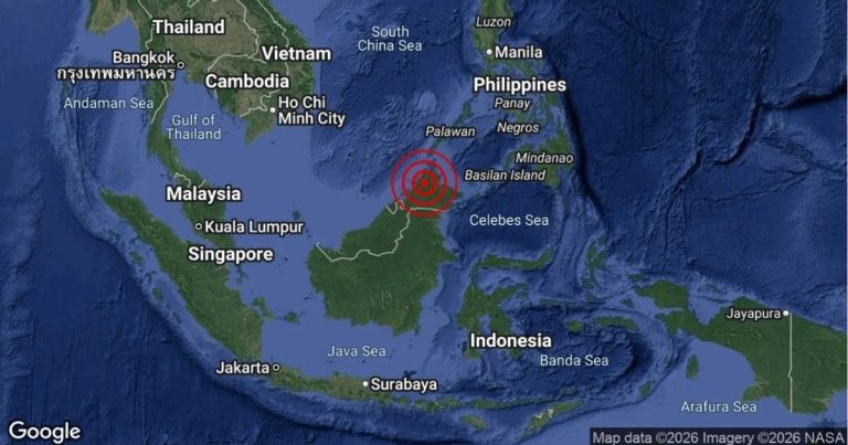 Map highlighting an earthquake epicenter in the Celebes Sea near Mindanao/Palawan region of the Philippines and nearby Indonesia.