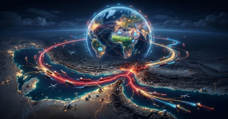 Futuristic globe suspended above glowing global shipping and air routes linking continents at night.