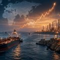 Oil tanker near a refinery at dusk with a world map overlay and an upward-trending financial line in the sky, signaling energy market growth.