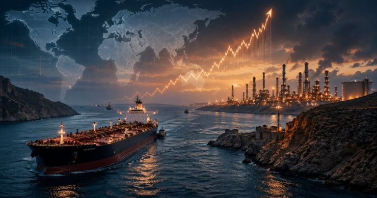 Oil tanker near a refinery at dusk with a world map overlay and an upward-trending financial line in the sky, signaling energy market growth.