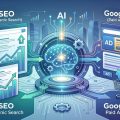 AI-powered marketing infographic with SEO on the left, Google Ads on the right, and a central neural network.