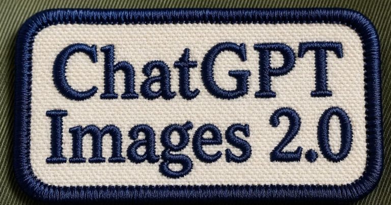 Embroidered patch reading 'ChatGPT Images 2.0' with a dark blue border on fabric background.