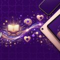 Cartoon robot waving on a purple background with an open book and glowing knowledge icons flowing toward pink smartphones, symbolizing AI-powered mobile learning.