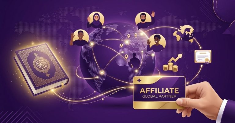Hand holding a gold-and-purple 'AFFILIATE GLOBAL PARTNER' card in front of a purple tech globe with connected people and icons (coins, certificate, book with Arabic script).