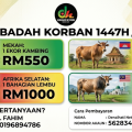 Infographic promoting sacrifice packages (Eid al-Adha 1447H/2026M) with four cards showing cows and prices: RM550, RM550, RM1000, RM950, from Denaihati Network/sponsor logos at top center.
