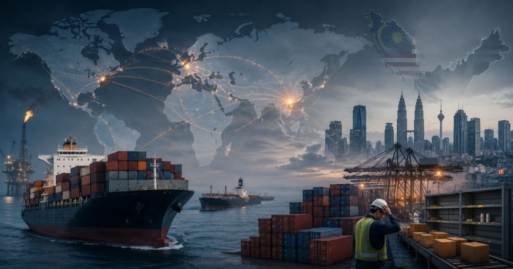 Global shipping scene at port: container ship, crane, stacked cargo, and world map overlay showing interconnected routes.