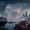 Global shipping scene at port: container ship, crane, stacked cargo, and world map overlay showing interconnected routes.