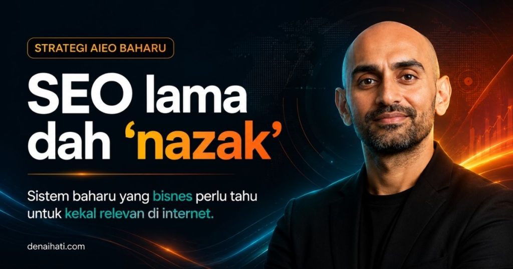Promotional banner for a new SEO strategy: headline "SEO lama dah nazak" with a smiling man in a black blazer against neon blue/orange graphics; denaihati.com