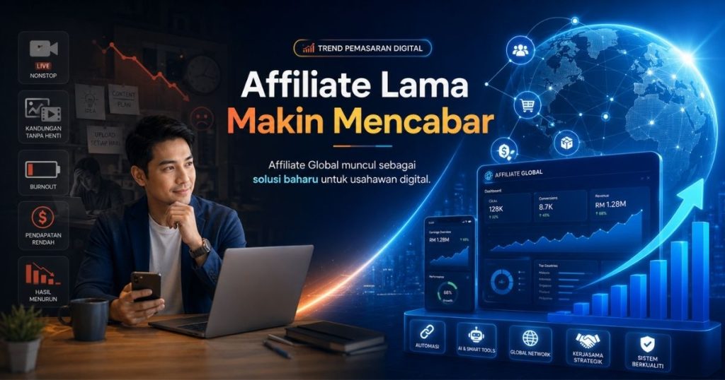 A man sits at a desk with a laptop; a blue promotional banner shows ‘Affiliate Lama Makin Mencabar’ with a glowing globe and digital charts on the right.