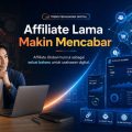 A man sits at a desk with a laptop; a blue promotional banner shows ‘Affiliate Lama Makin Mencabar’ with a glowing globe and digital charts on the right.