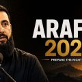 Promotional poster for ARAFAH 2026 with a bearded man speaking into a microphone, desert sunset and a mosque silhouette on the right.
