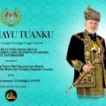 Turquoise ceremonial banner with a regal couple in gold attire and the title 'Dirgahayu Tuanku' with a crest at the top.