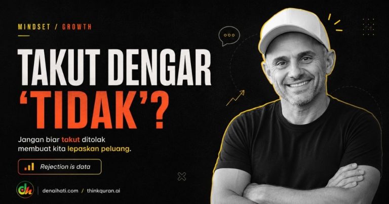 Advertisement banner with bold white and orange text 'TAKUT DENGAR TIDAK?', a smiling man in a cap on the right, and smaller Indonesian copy about not letting fear of rejection hold you back.