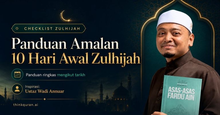 Promotional banner for a Zulhijah guide: 'Panduan Amalan 10 Hari Awal Zulhijjah' with a man in a white cap holding a teal book, mosque silhouettes in the background, crescent moon above; thinksQuran.ai branding at bottom left.
