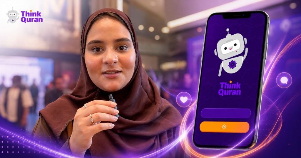 A woman in a brown hijab demonstrates the Think Quran app on a large phone screen with the app's robot logo and purple background.