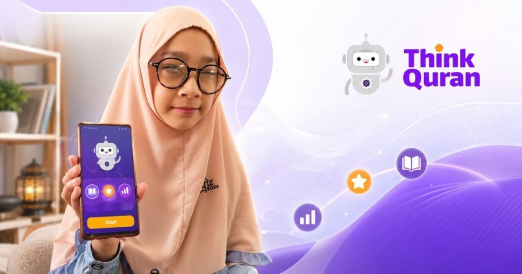 A girl in a peach hijab and glasses holds up a smartphone showing the Think Quran app with a purple interface and a yellow Start button, in a bright, purple-themed setting.