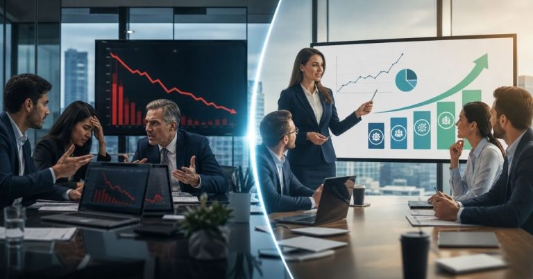Business meeting showing a split view: left side with a red downtrend graph, right side with a presenter and upward charts in a bright conference room.