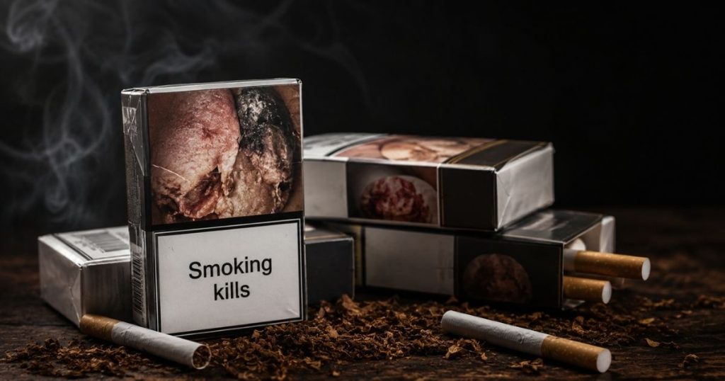 Several cigarette packs with a prominent 'Smoking kills' warning, ashes and cigarettes scattered on a dark wooden surface.
