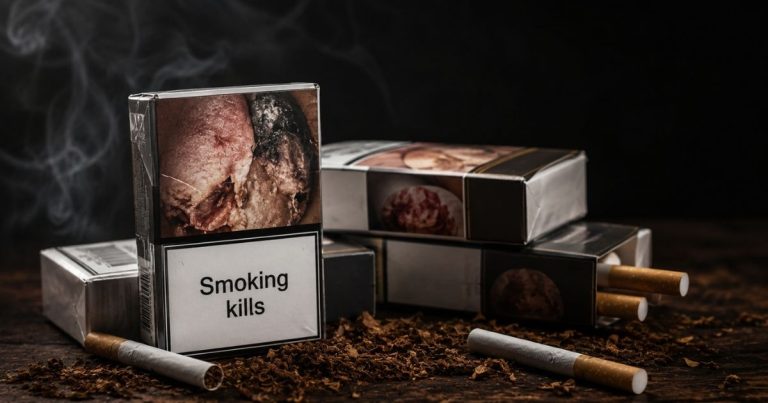 Several cigarette packs with a prominent 'Smoking kills' warning, ashes and cigarettes scattered on a dark wooden surface.