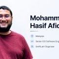Smiling man with glasses in a maroon t‑shirt beside a profile banner reading Mohammad Hasif Afiq (Malaysia), Senior iOS Software Engineer, SwiftLah! Organizer.