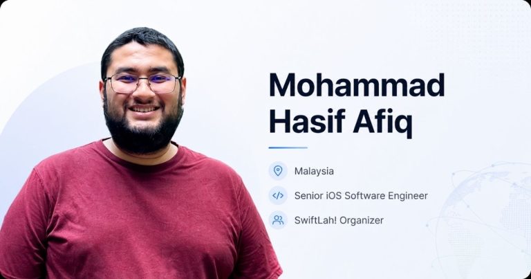 Smiling man with glasses in a maroon t‑shirt beside a profile banner reading Mohammad Hasif Afiq (Malaysia), Senior iOS Software Engineer, SwiftLah! Organizer.