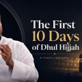 Man in a white thobe speaks at a microphone; poster reads 'The First 10 Days of Dhul Hijjah' with a Kaaba image in the background.