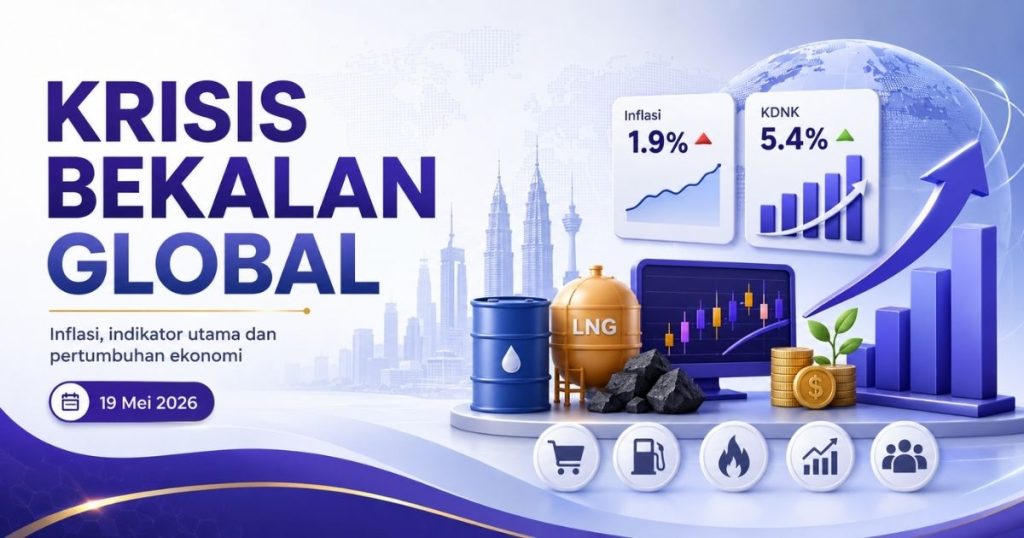 Infographic titled 'Krisis Bekalan Global' showing inflation 1.9% and GDP 5.4%, with energy icons and rising charts (date 19 Mei 2026).