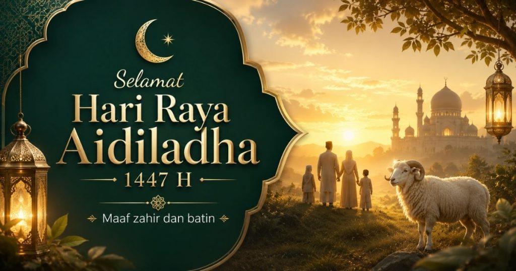 Bright Eid al-Adha greeting banner with green panel, gold text, a family walking toward a mosque at sunset, and a sheep in the foreground.