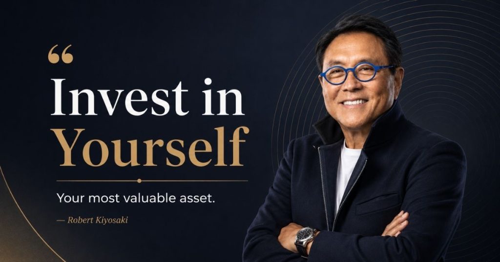 Quote banner reading: 'Invest in Yourself — Your most valuable asset.' with a smiling man in blue glasses on the right.