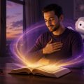 Man reading an open book at a desk, surrounded by glowing purple energy rings; a friendly robot floats beside and a smartphone shows a robot app.