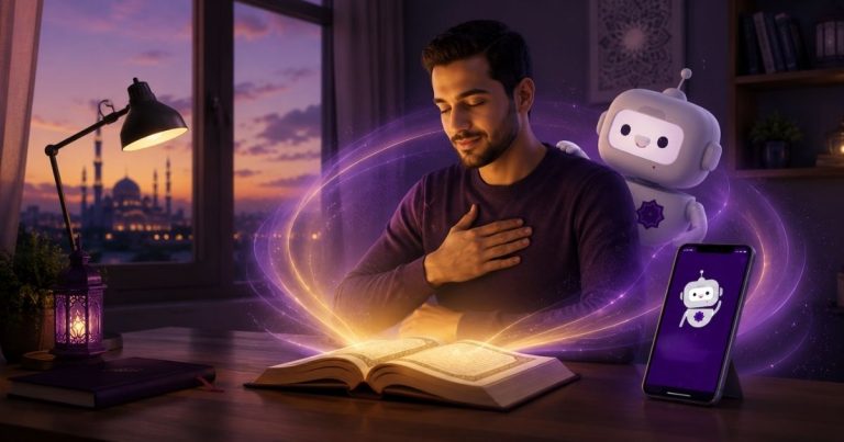 Man reading an open book at a desk, surrounded by glowing purple energy rings; a friendly robot floats beside and a smartphone shows a robot app.