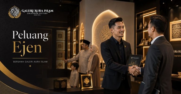 Two men in business attire shake hands in a showroom with Islamic decor and a sign that reads 'Peluang Ejen' in the background.
