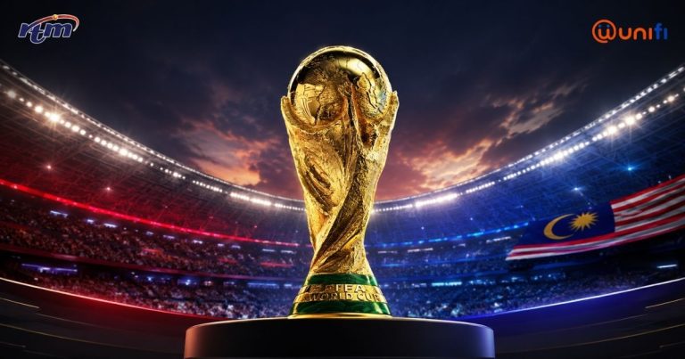 RTM, Unifi TV Sah Penyiar Rasmi Piala Dunia 2026 | Denaihati FIFA World Cup trophy on a pedestal in a stadium with a Malaysian flag in the background and bright stadium lights behind it.