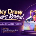 Promotional banner for Think Quran Lucky Draw Winners Reveal with gifts, a robot mascot, and a live date/time: Tue, May 12, 2026 at 11:00 AM; platforms TikTok and Instagram Live.