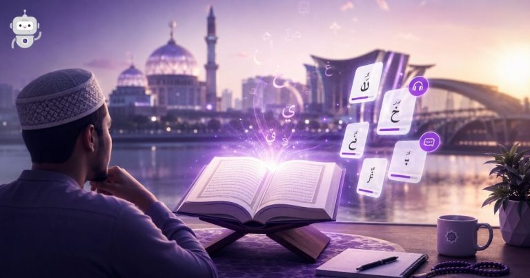 Man in a traditional cap reads an open Quran on a stand as glowing Arabic letters rise from the pages, with a mosque skyline at sunset in the background.