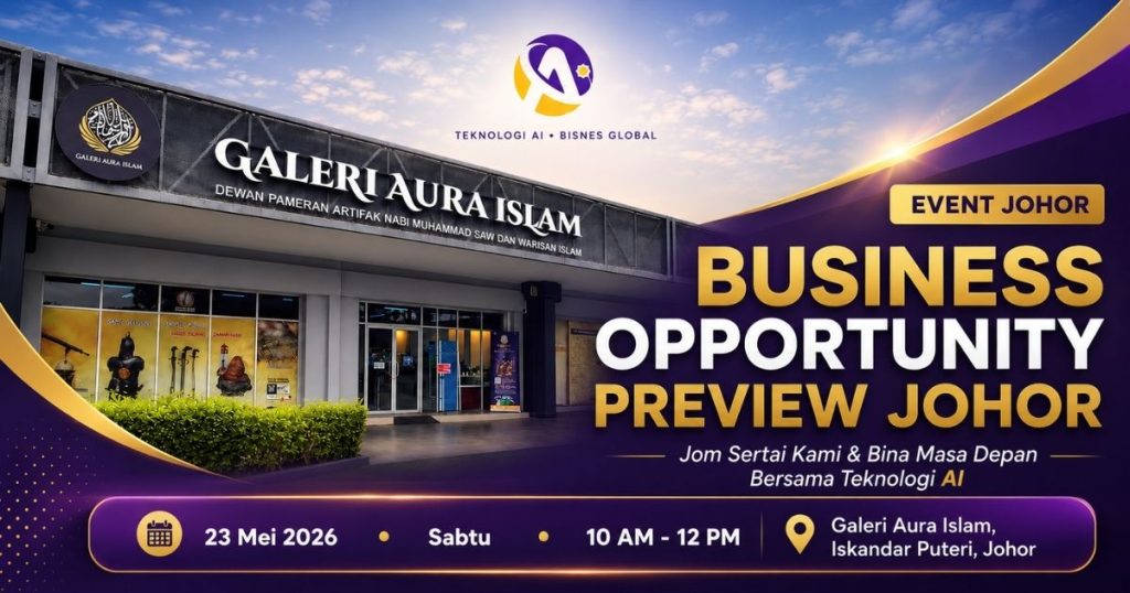 Event banner for Business Opportunity Preview Johor at Galeri Aura Islam with date 23 Mei 2026, 10 AM–12 PM, Iskandar Puteri, Johor.