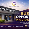 Event banner for Business Opportunity Preview Johor at Galeri Aura Islam with date 23 Mei 2026, 10 AM–12 PM, Iskandar Puteri, Johor.