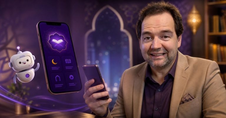 Man in a beige blazer smiles at the camera while holding a smartphone; a floating purple phone interface and a small white robot hover beside him in a techy, glowing set.