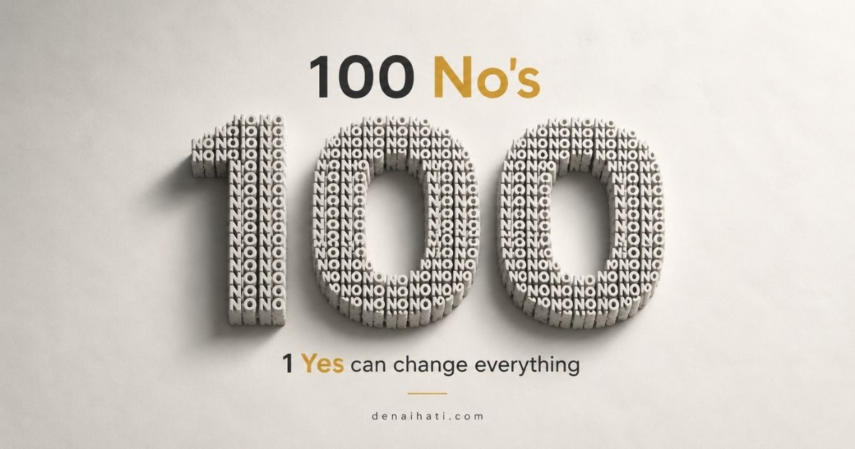 Poster-style graphic: large '100 No's' formed from many small 'NO' blocks, with '1 Yes can change everything' and denaihati.com below