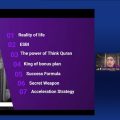 Slide with a purple panel listing seven topics (01 Reality of life, 02 ESBI, 03 The power of Think Quran, 04 King of bonus plan, 05 Success Formula, 06 Secret Weapon, 07 Acceleration Strategy) over a grayscale cityscape; the word CONTENT on the left. A small speaker video and a participants list panel are visible on the right.