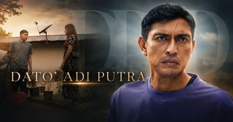 Movie poster for 'Dato'' Adi Putra' with a serious man in a purple shirt foreground and a couple beside a house at dusk, title text across the middle.