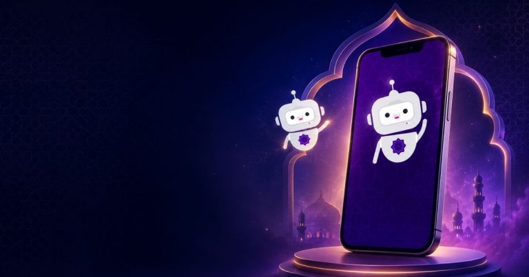 Promotional image of a smartphone on a glowing pedestal with a cute white robot logo on the screen, set against a purple, architectural backdrop.