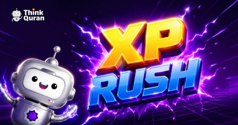 Think Quran logo in the top-left with a friendly silver robot waving beside bold neon XP RUSH text on a purple lightning background.