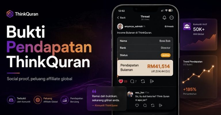 Promotional ThinkQuran banner showing a phone screen with a monthly income dashboard and global affiliate stats.